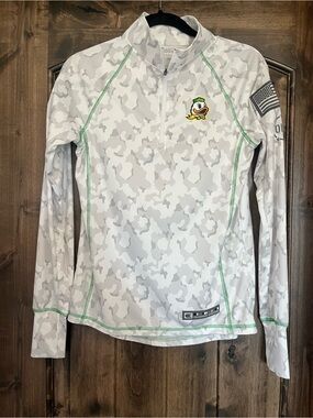 Colosseum Oregon Duck Women’s White Camo Quarter-Zip Hoodie with Lime Stitching